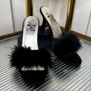 90's Y2K Special Occasion by Saugus Shoes Black Feather Open Toe  High Heels